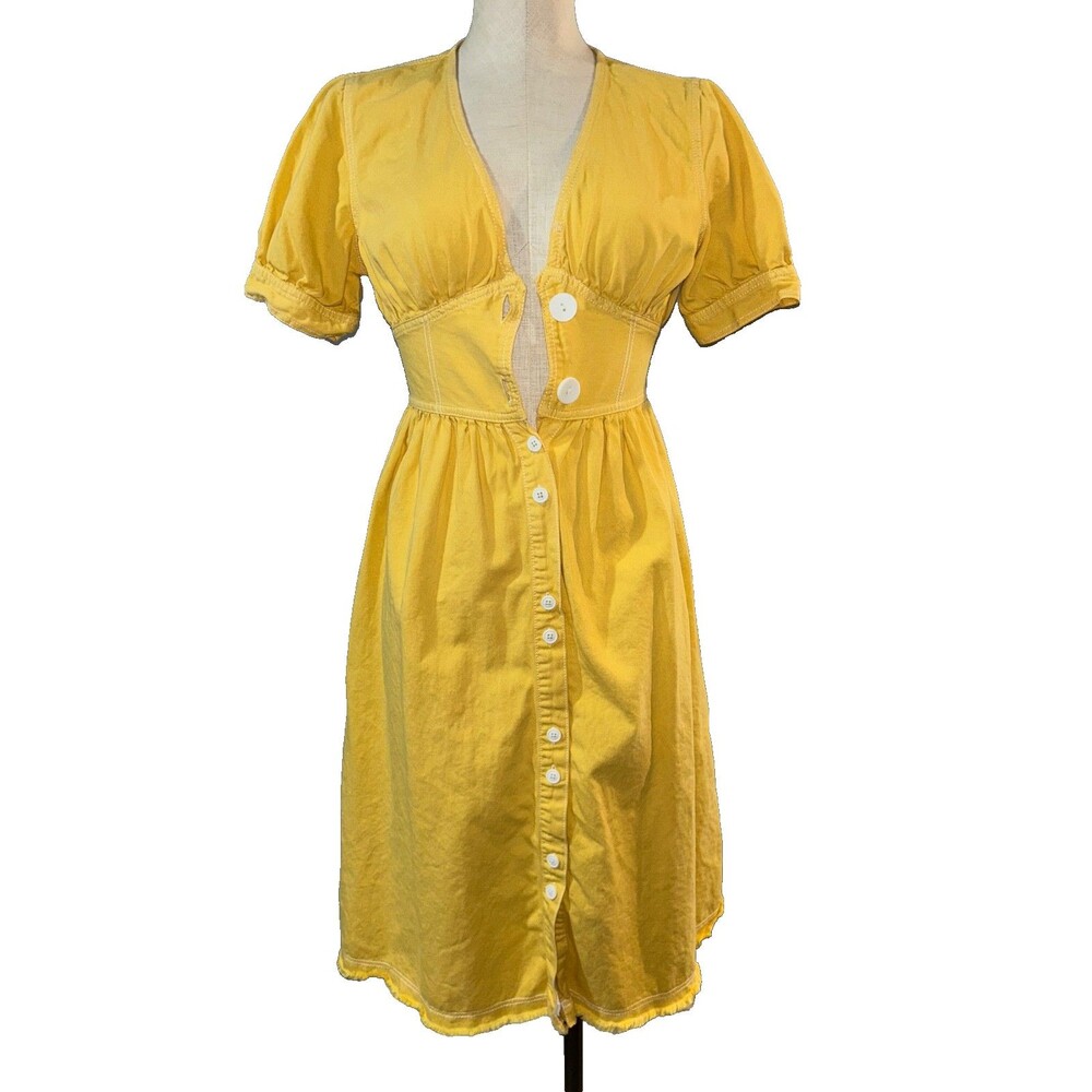 Urban Revivo Women’s Cotton Puff Sleeve Button Front Midi Dress size S Yellow